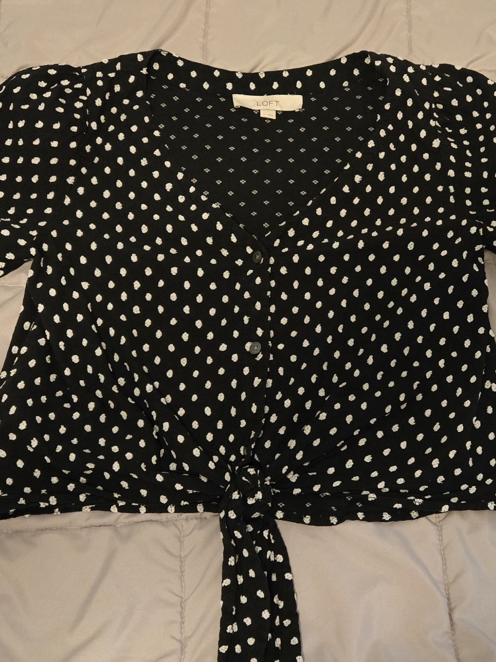 LOFT Black and White Polka Dot Tie-Front Crop Top, Size Small
